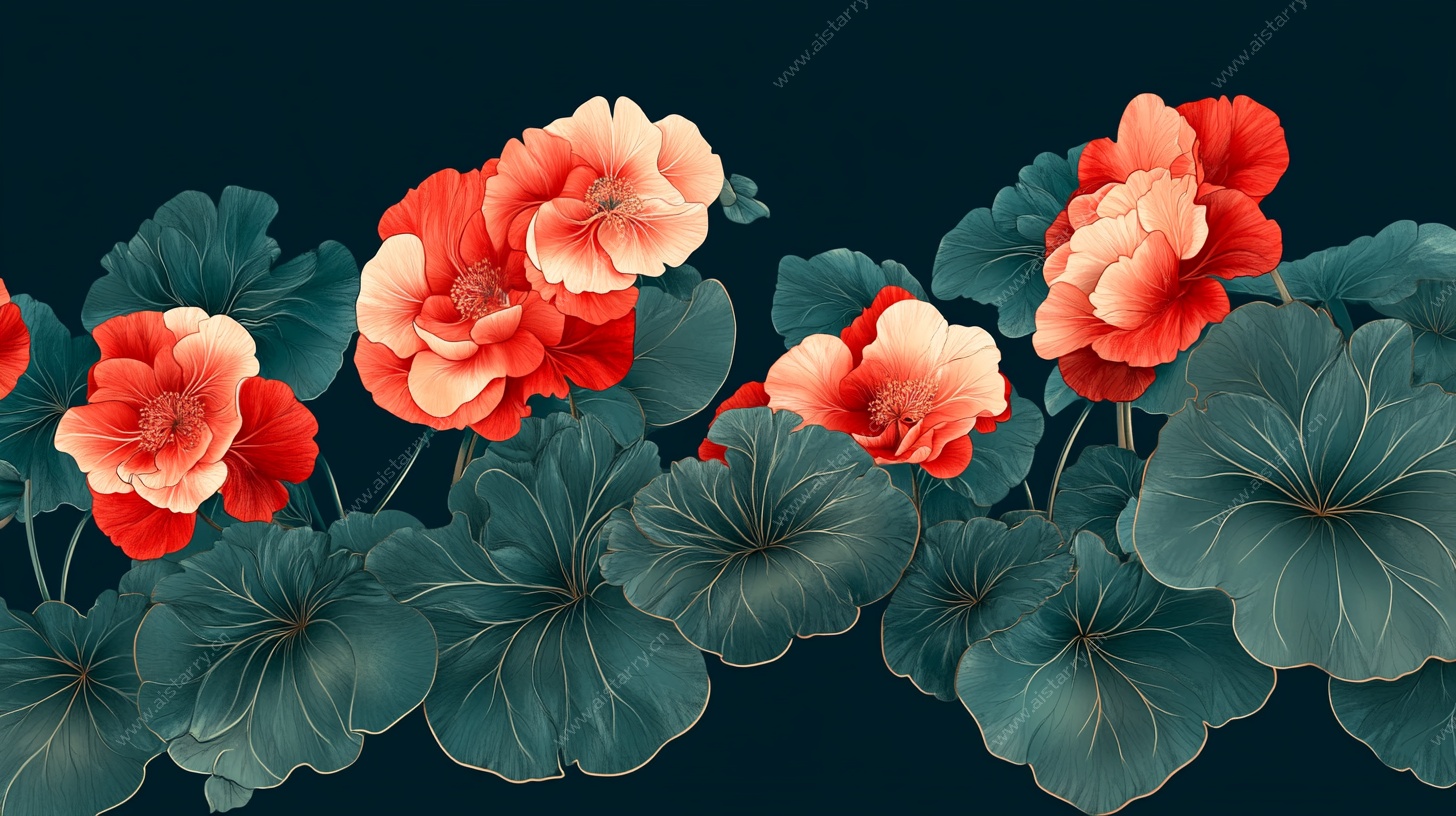 中式红花朵与绿叶插画