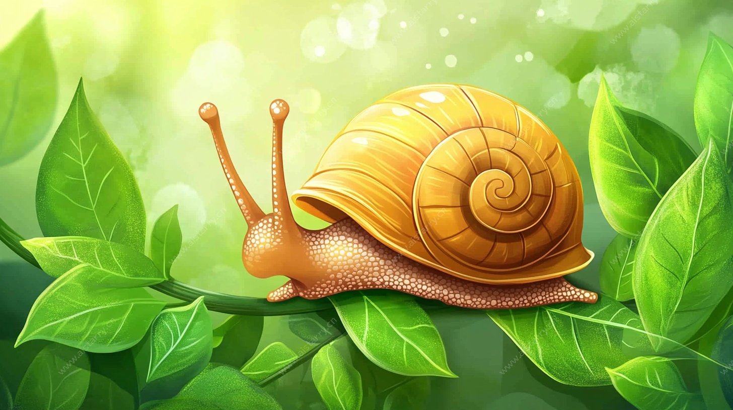 蜗牛栖息绿叶间插画