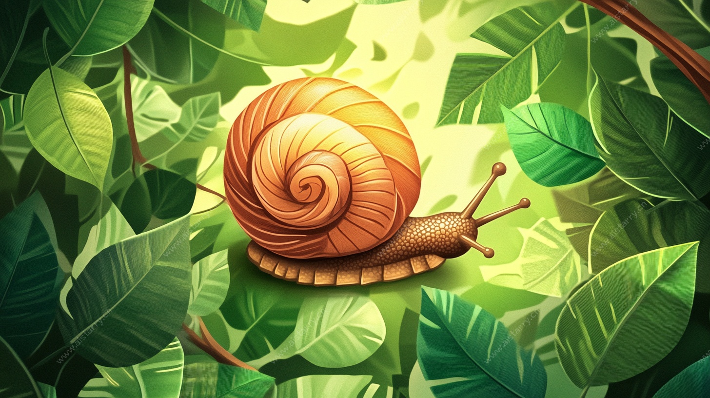 蜗牛在绿叶间的梦幻场景