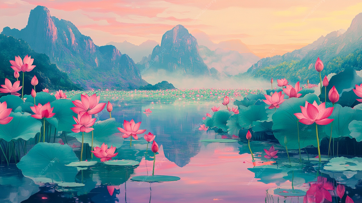 水墨风山水荷花美景图