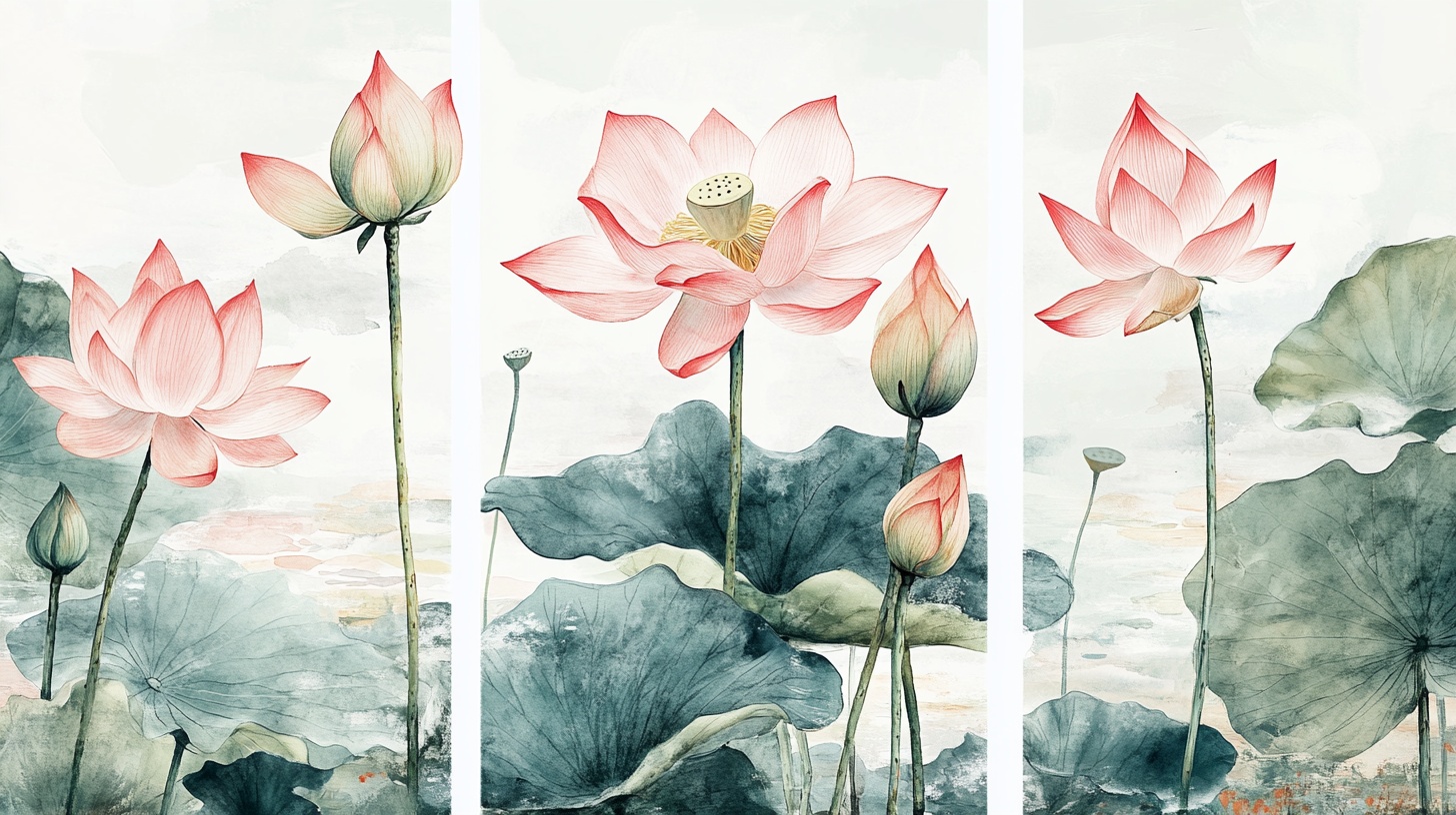 三联水墨荷花图