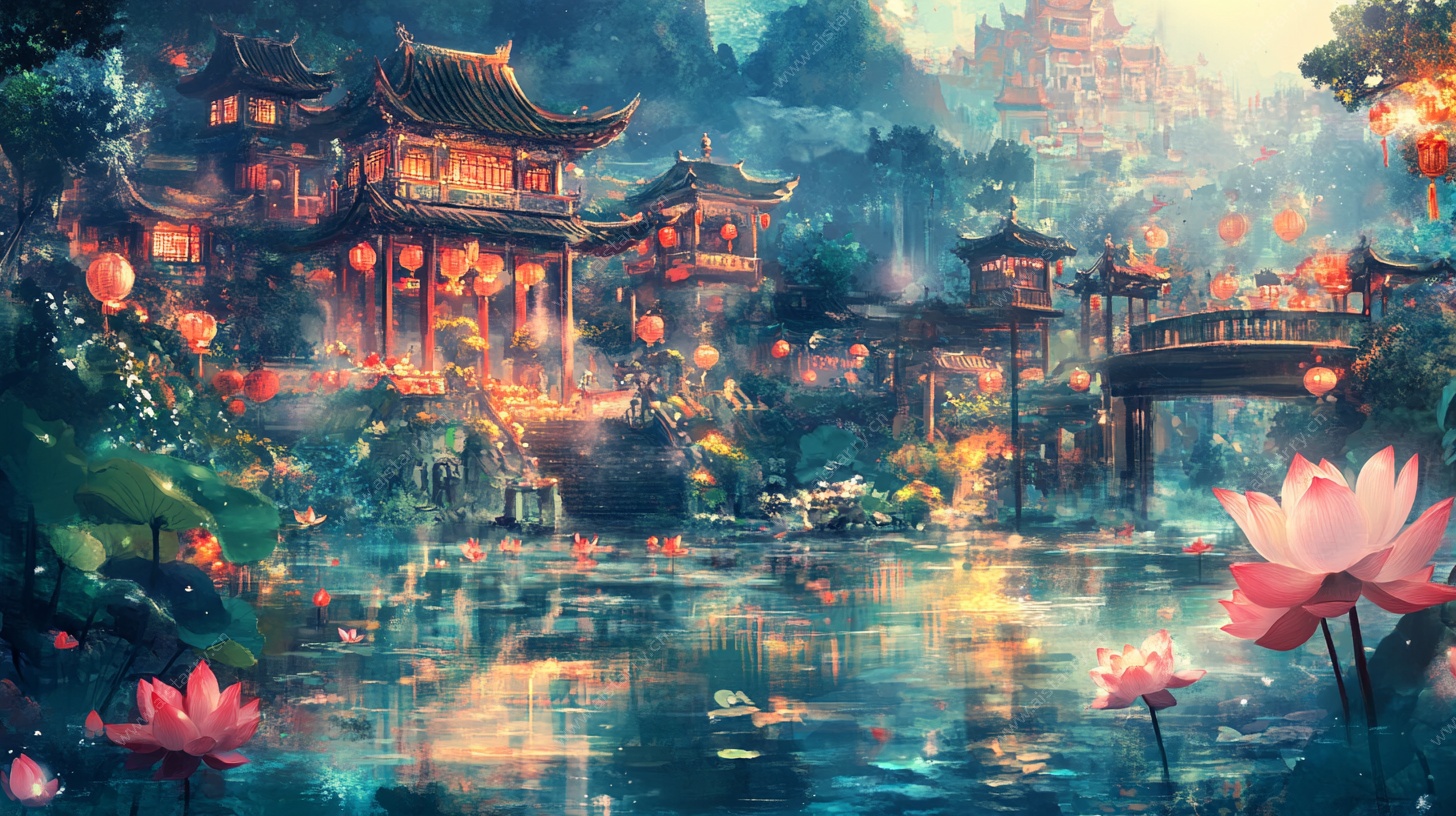 古风梦幻中式水乡夜景图