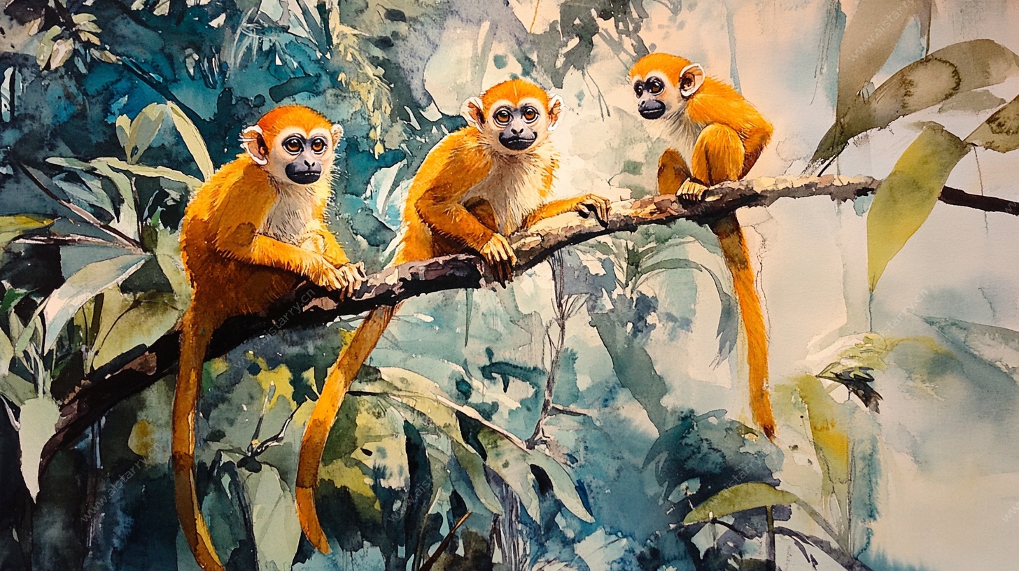 三只金猴栖于繁茂枝叶间