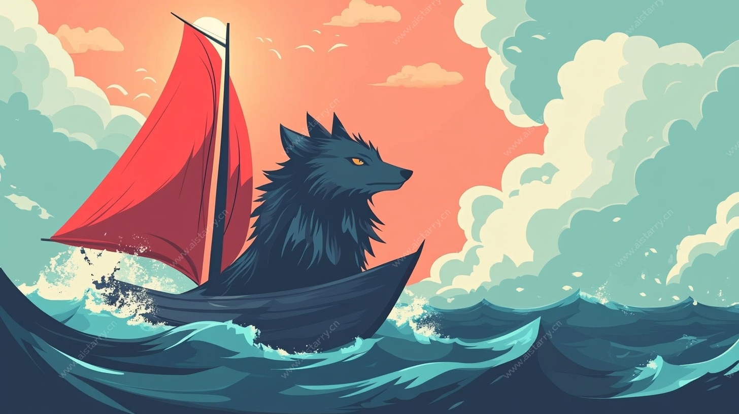 狼驾红帆船于波涛之上