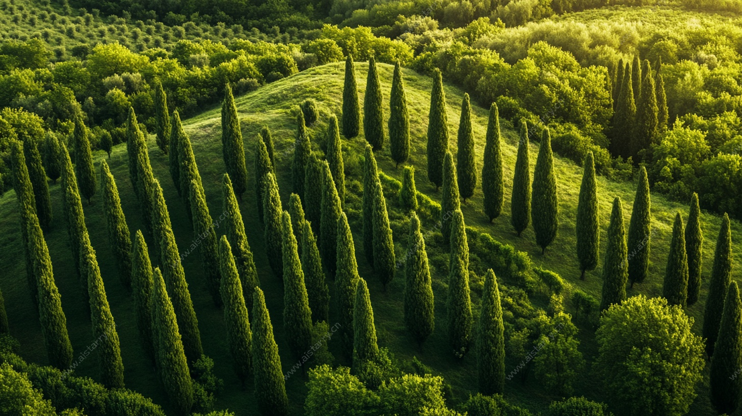 阳光下的翠绿柏树林