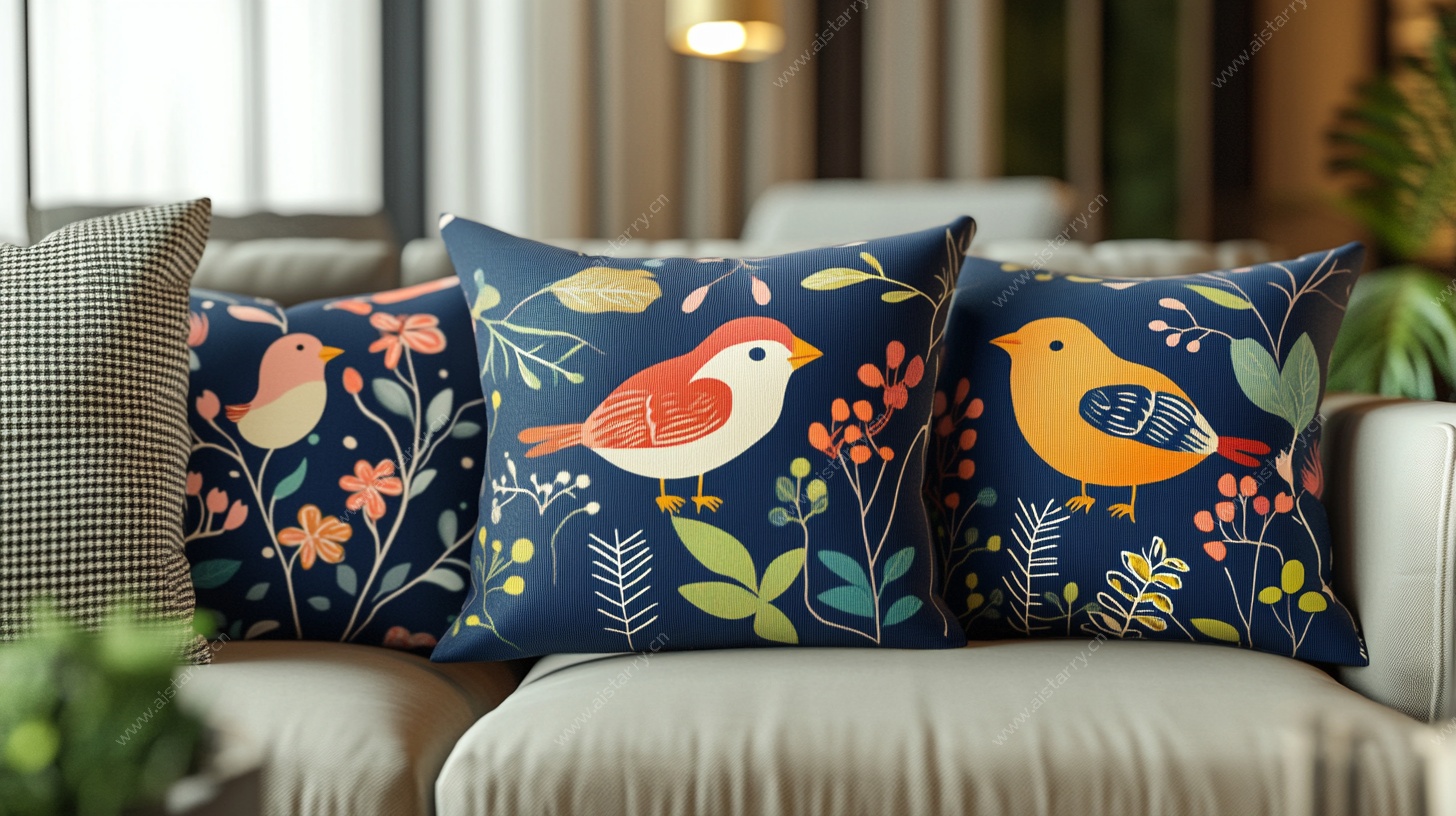 花鸟图案抱枕装点温馨沙发
