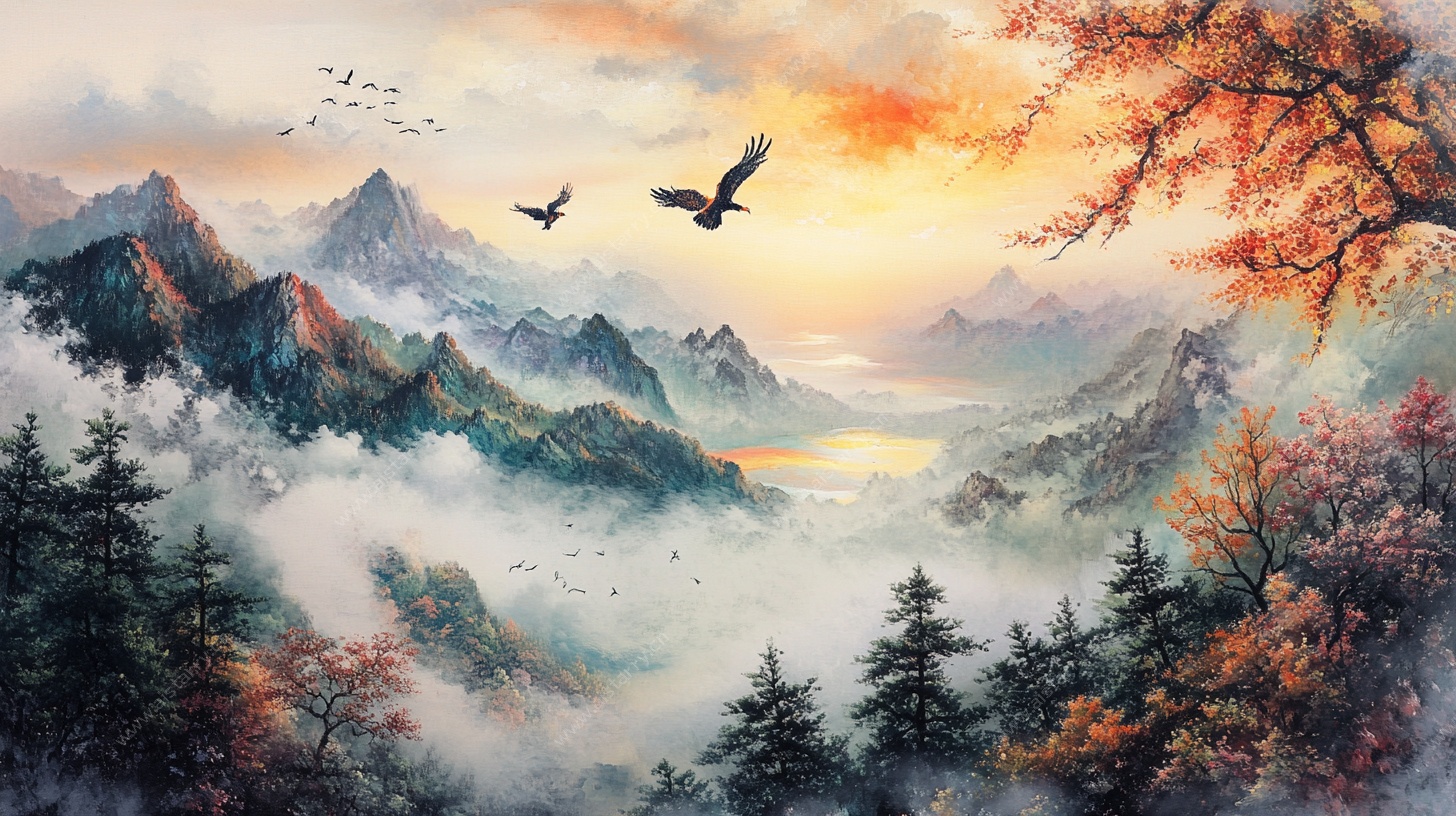 秋日山川飞鸟壮丽景观