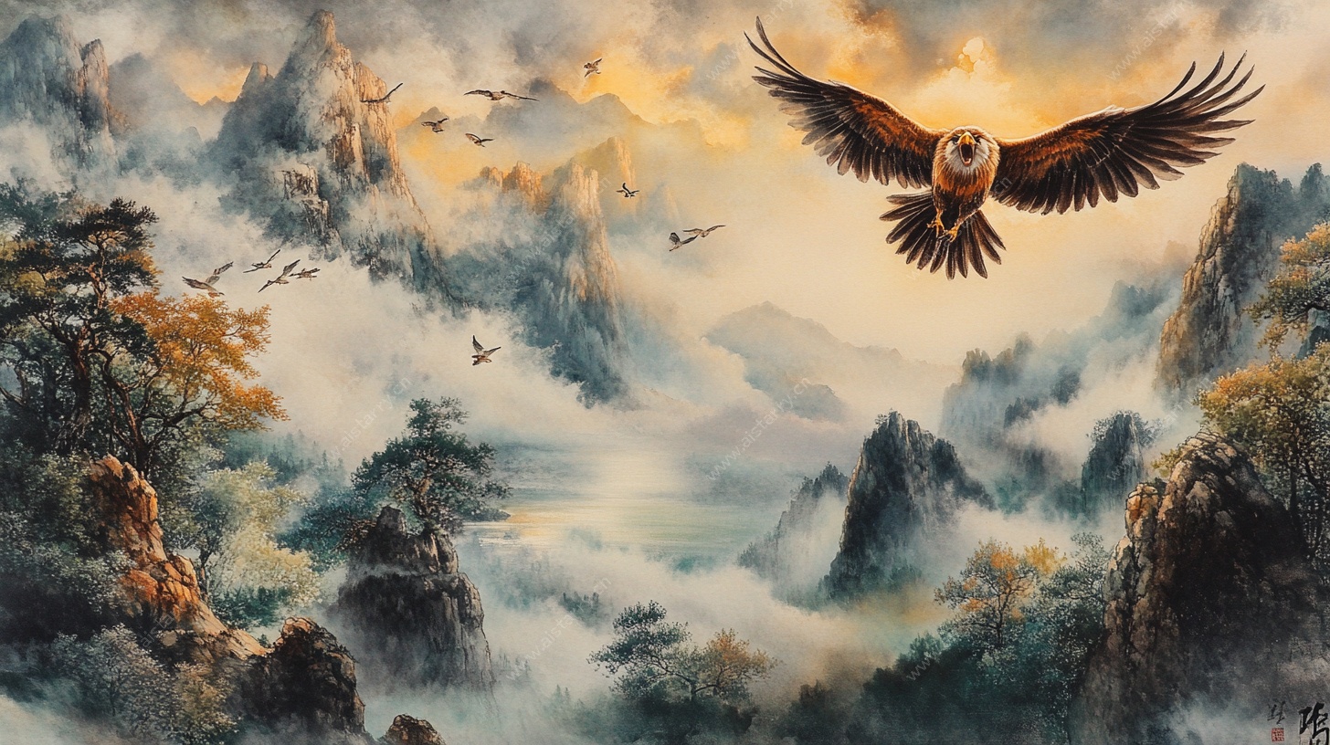 雄鹰翱翔于山水云雾间