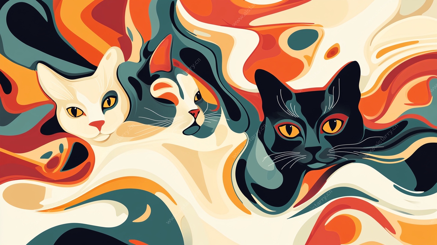 三只猫咪的梦幻色彩插画