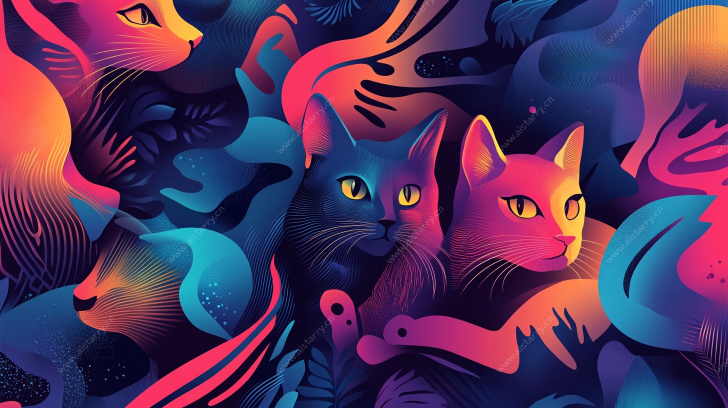 梦幻炫彩猫咪插画世界