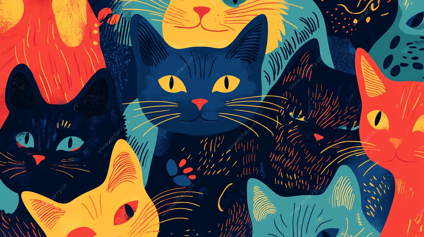 多彩猫咪群像插画