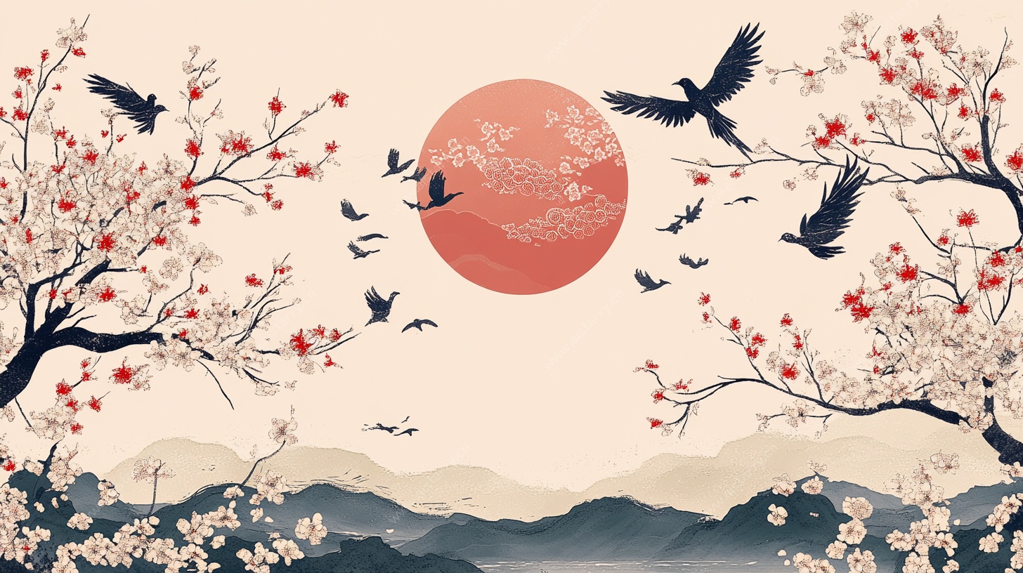 春日花鸟图 红日映繁花