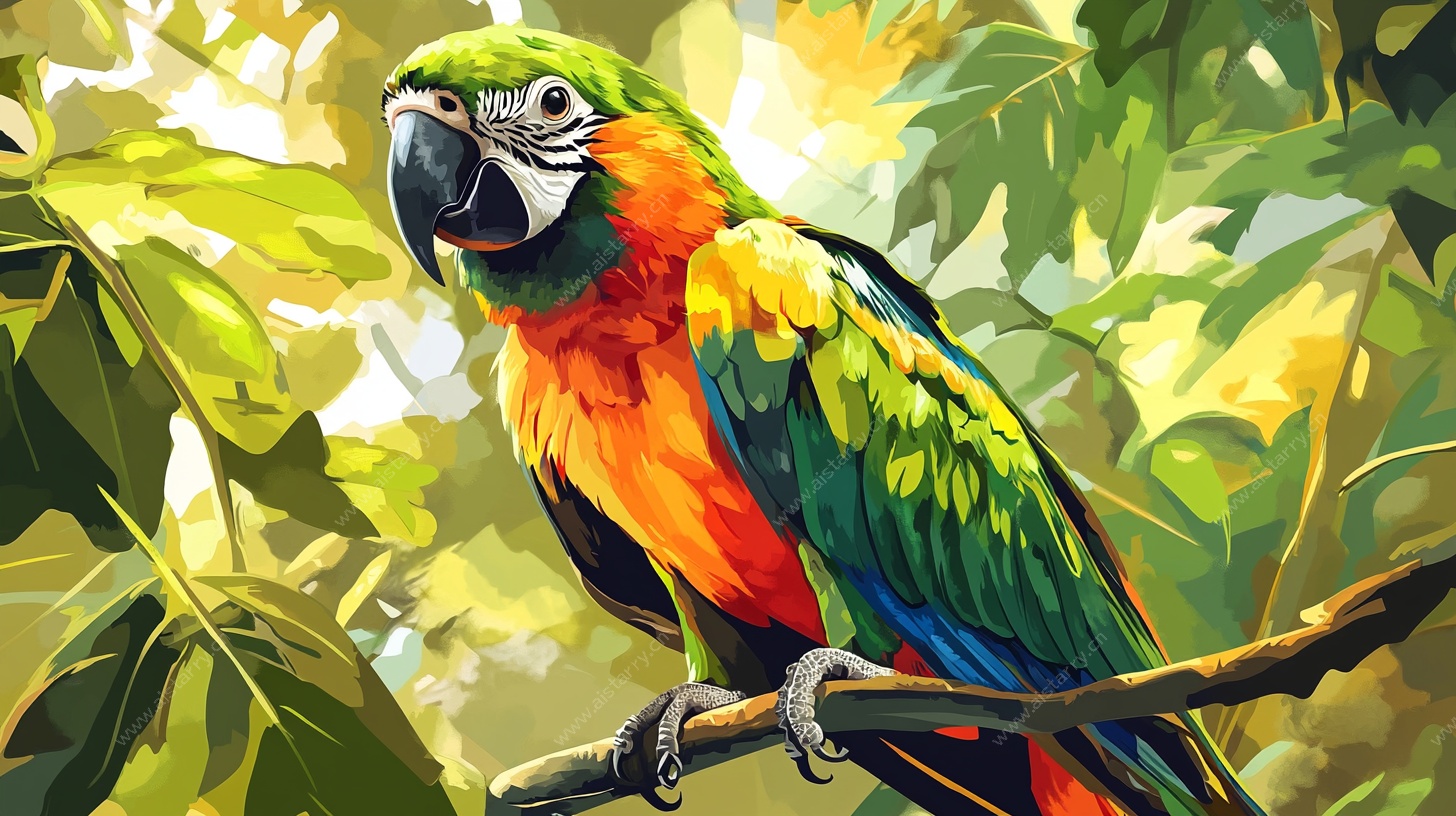 多彩鹦鹉栖息于繁茂枝叶间