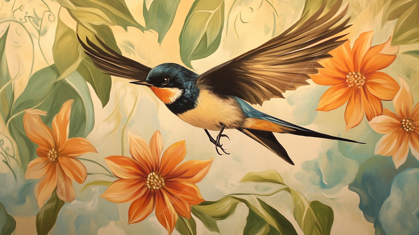 飞翔的燕子与烂漫花朵