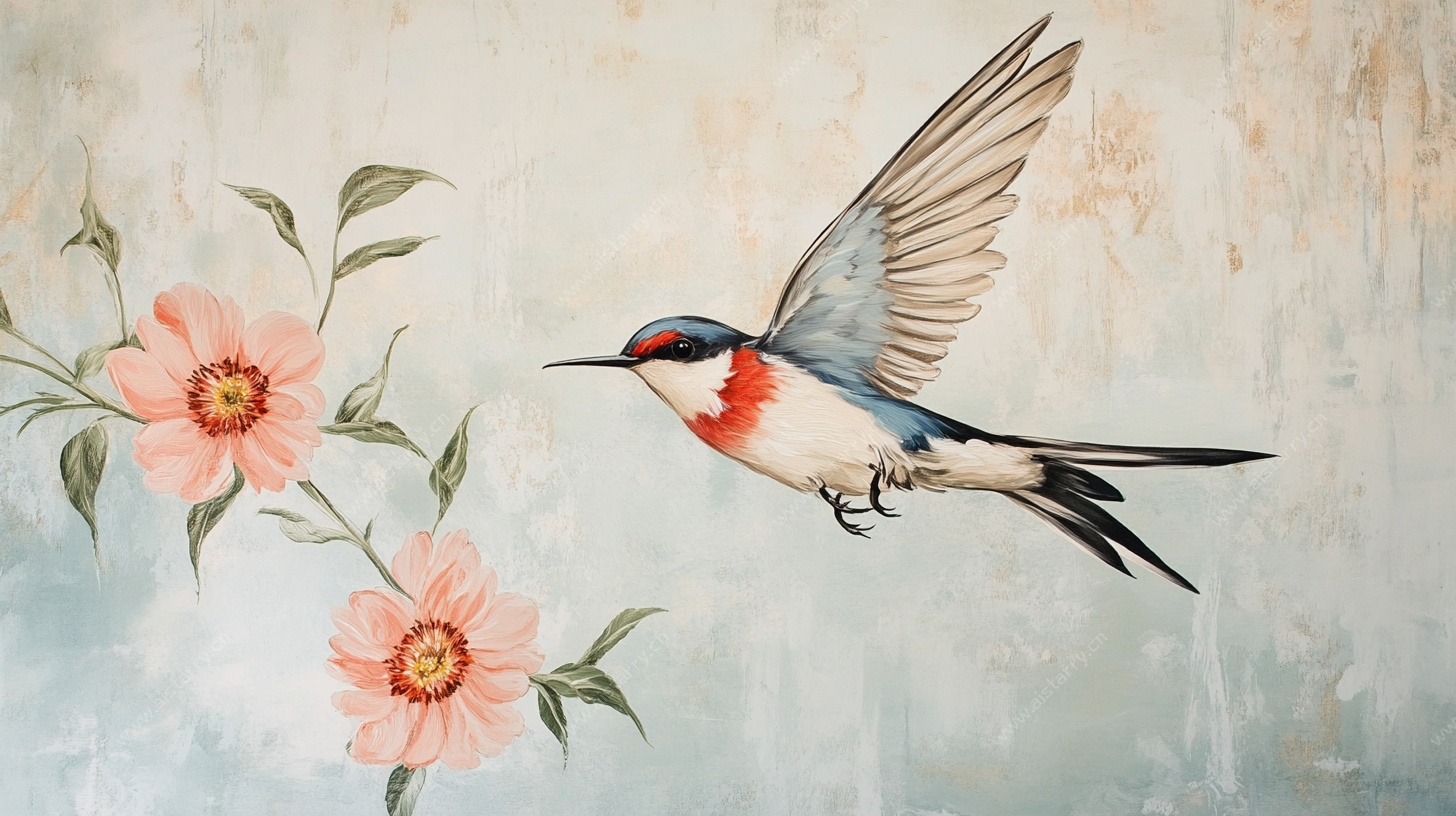 花鸟图 飞燕与粉花