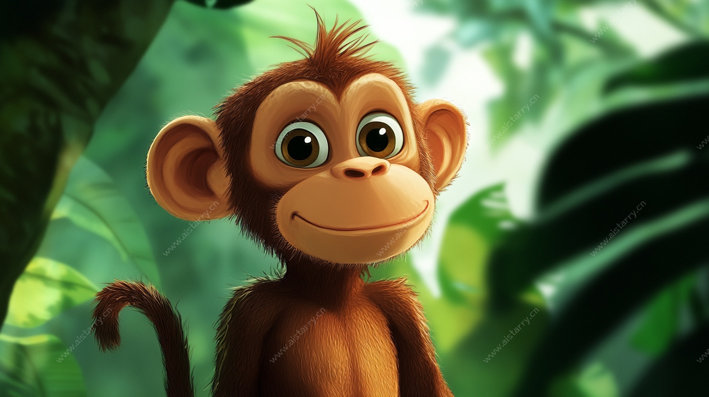 可爱小猴置身茂密丛林中