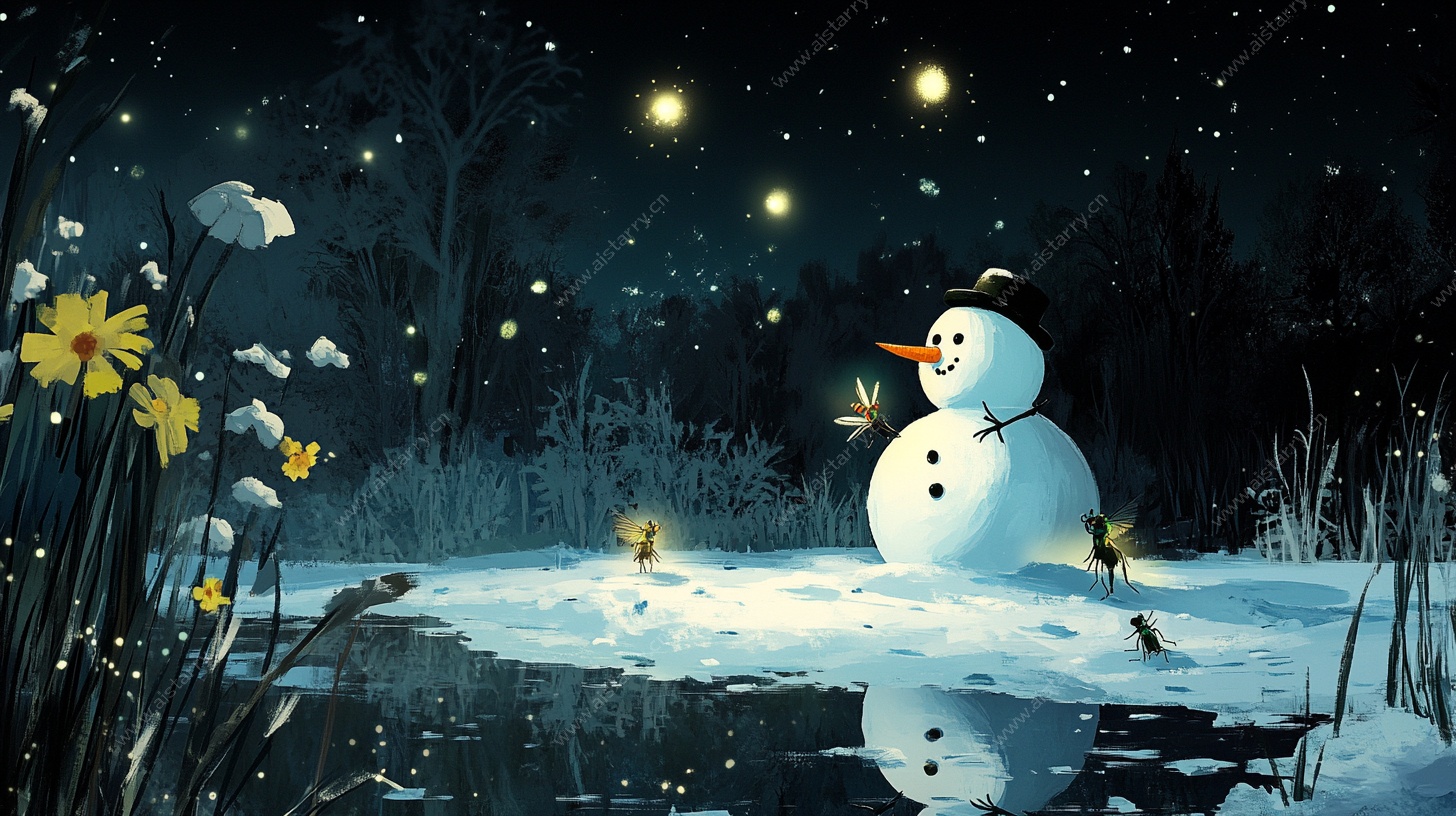 雪夜中的梦幻雪人