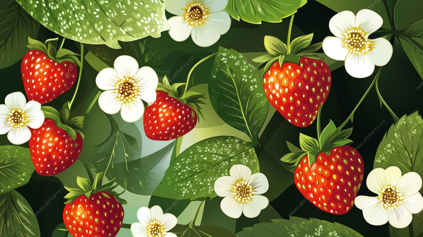 草莓花卉绿叶插画图案