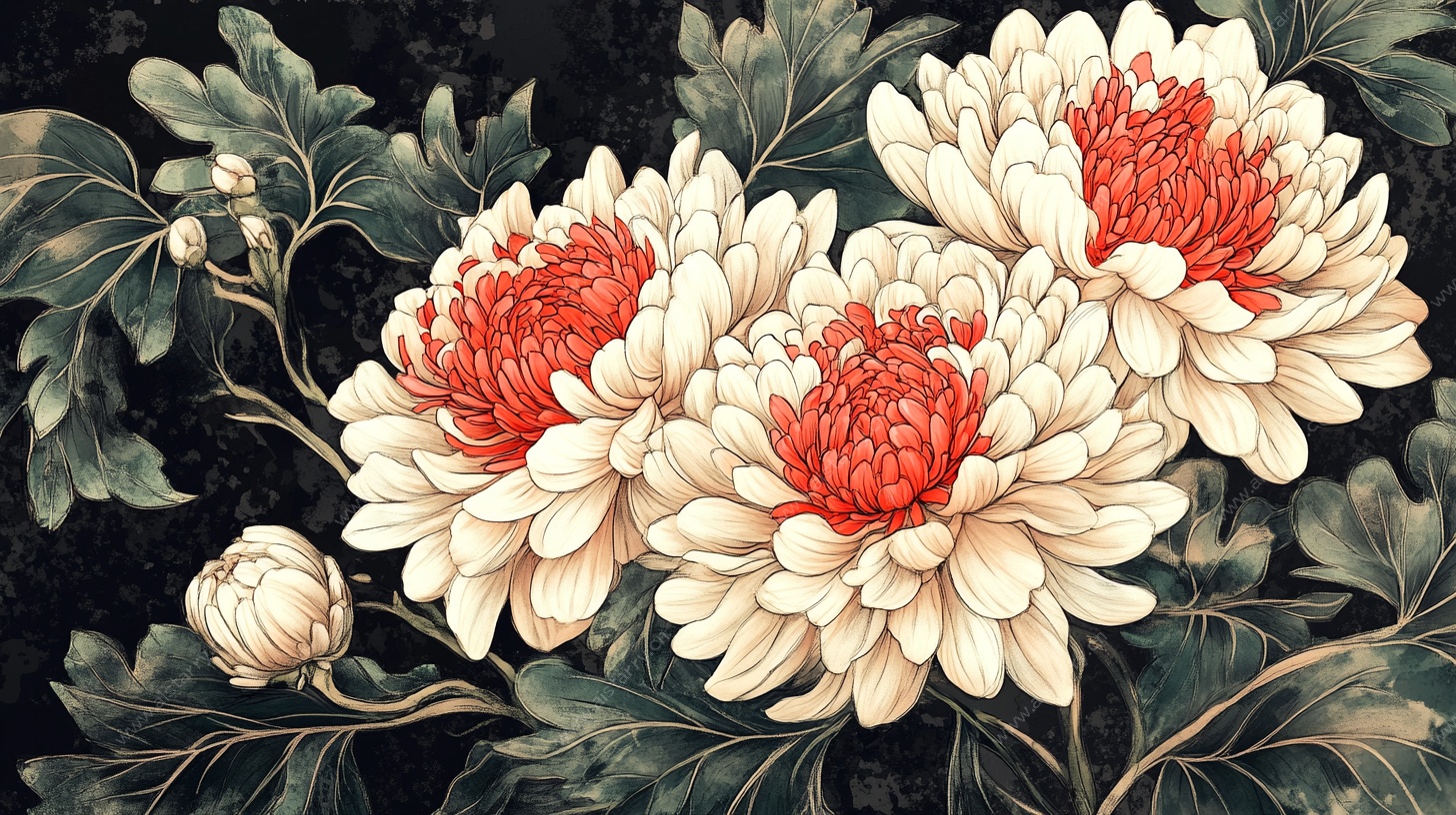 中式工笔风双朵盛开白菊