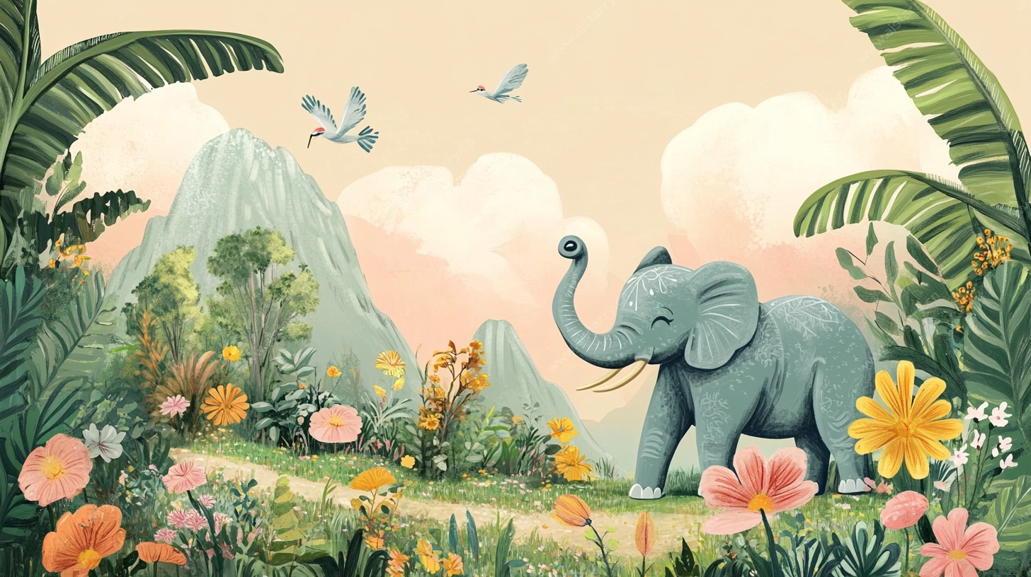 大象漫步于梦幻花草间