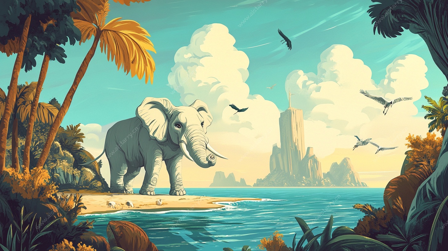 大象漫步于奇幻海滨丛林