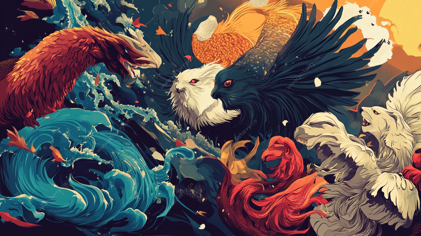 奇幻鸟类在波涛中激战