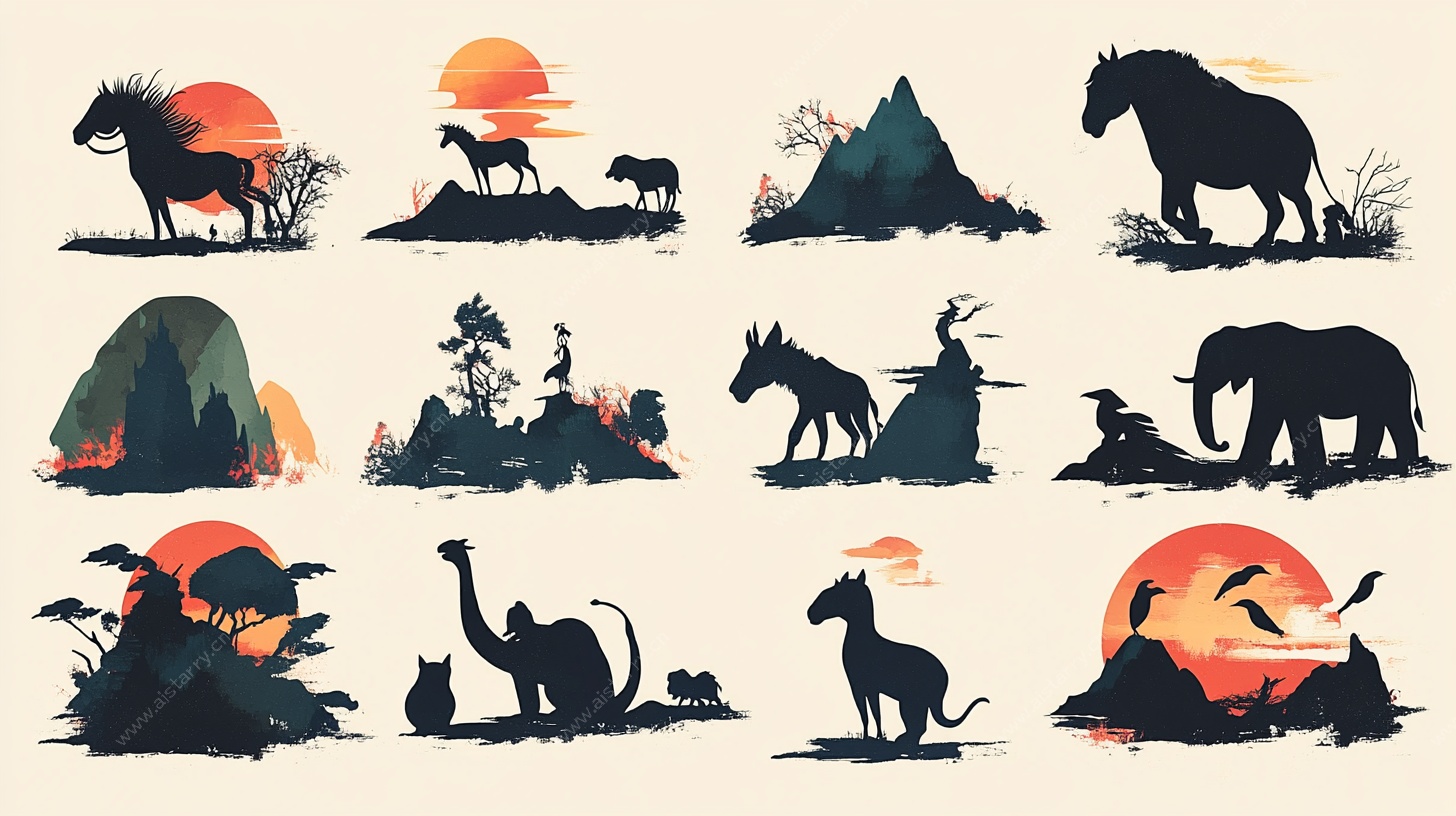 动物与自然风景剪影插画