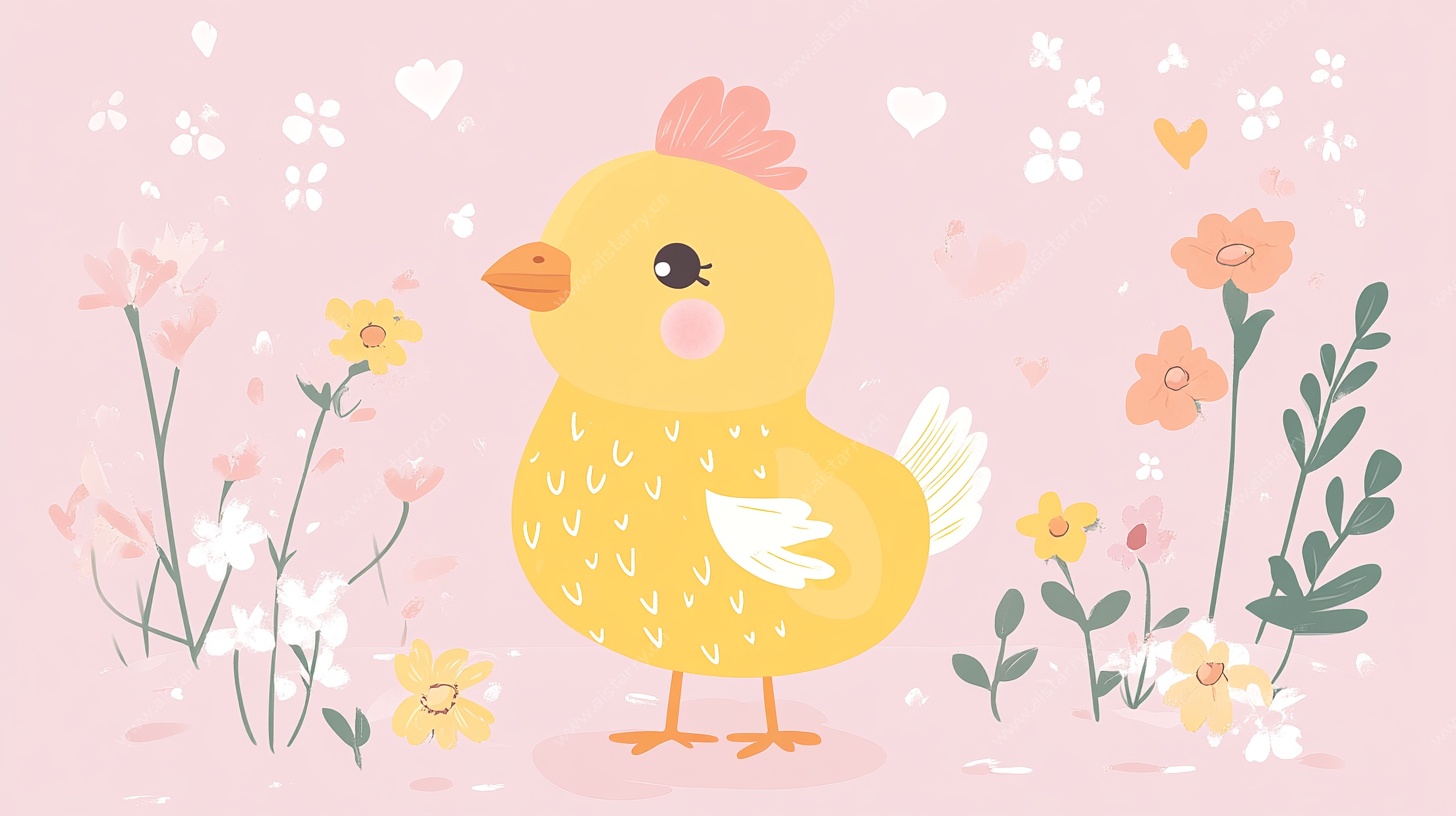 可爱小鸡置身缤纷花丛中