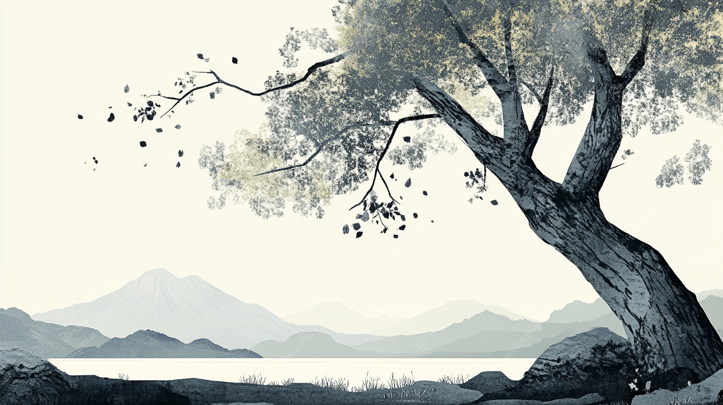 水墨孤树山水意境图