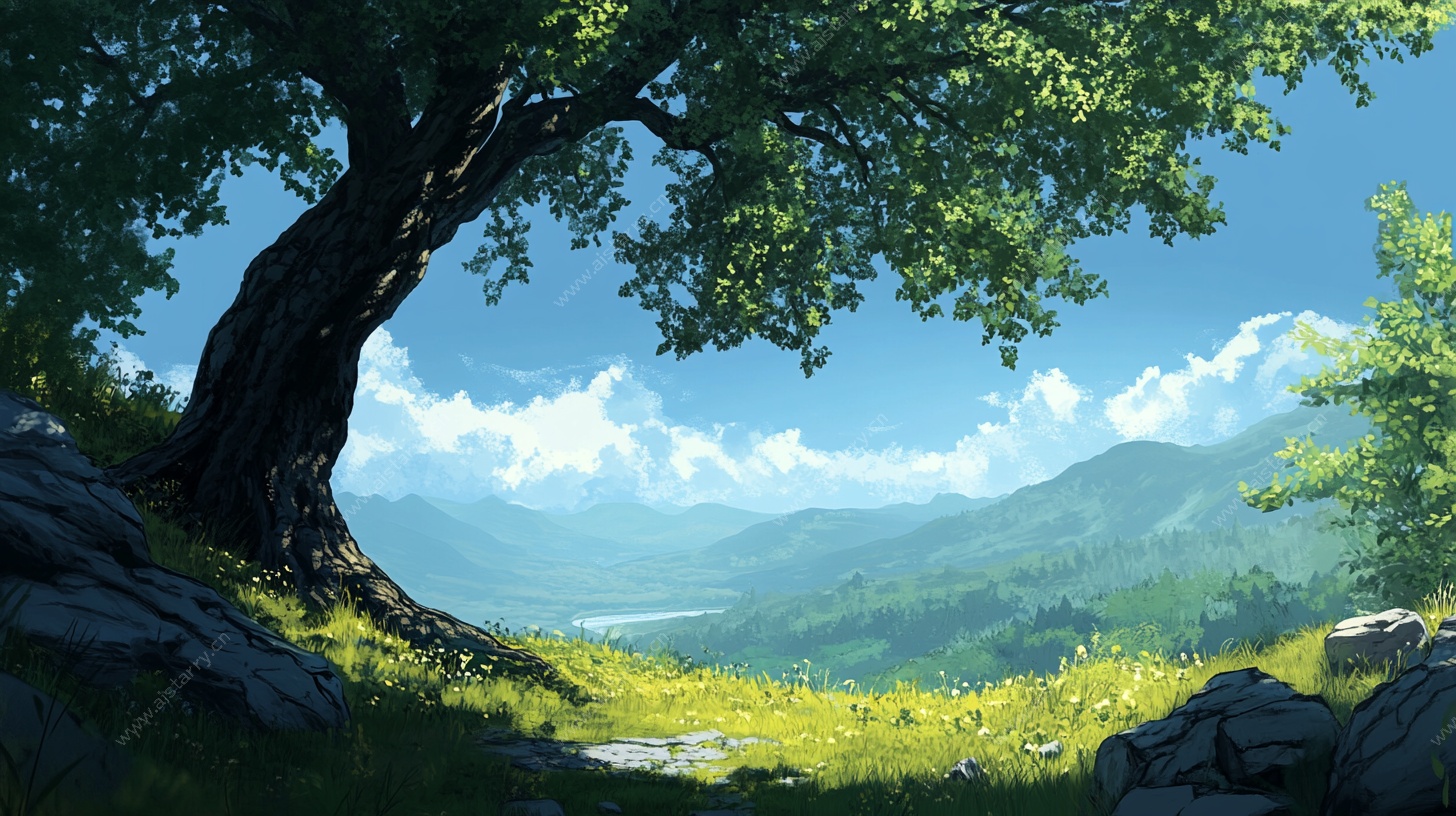 山间大树下的清新风景