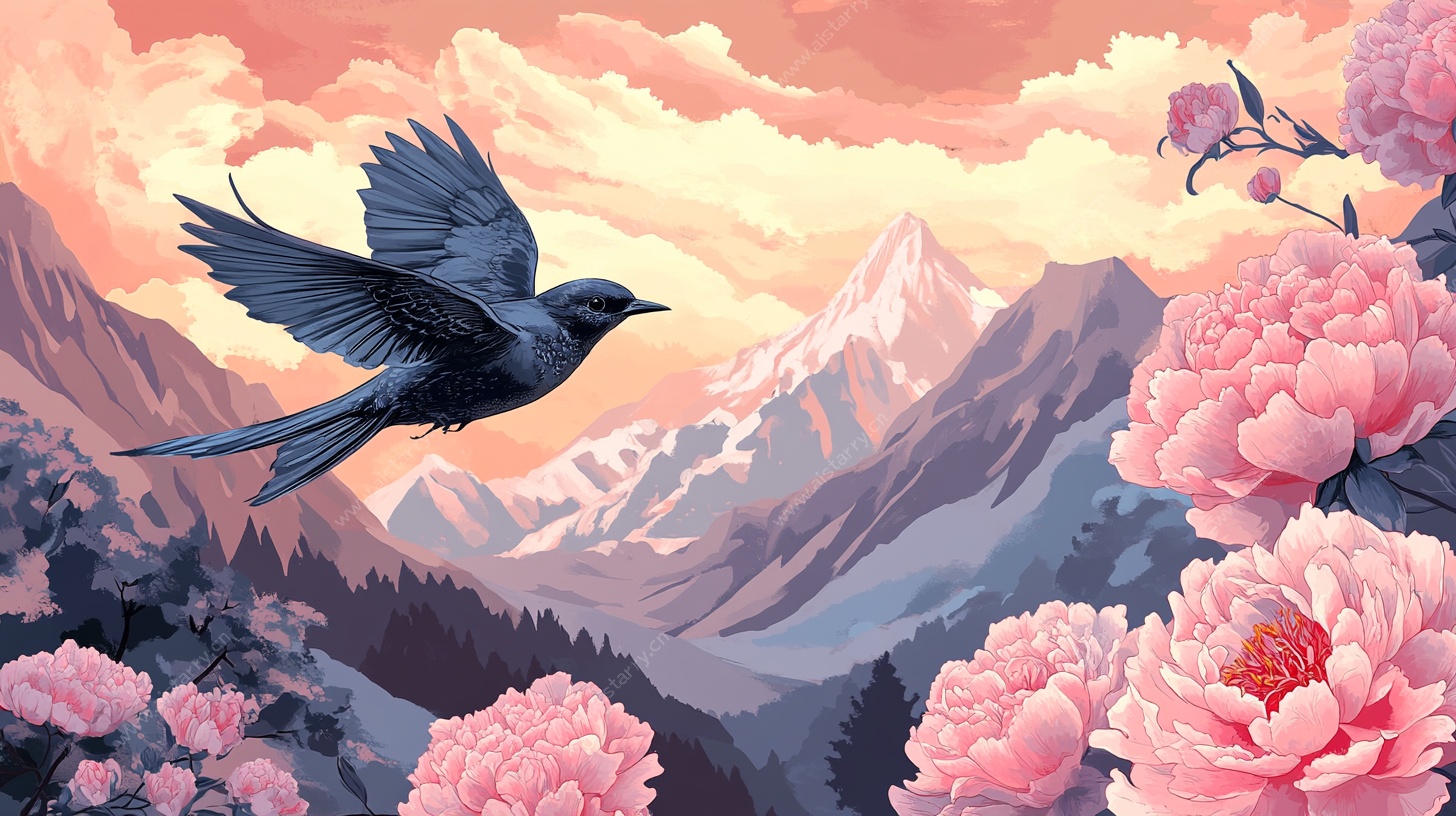 飞鸟伴繁花的山间美景