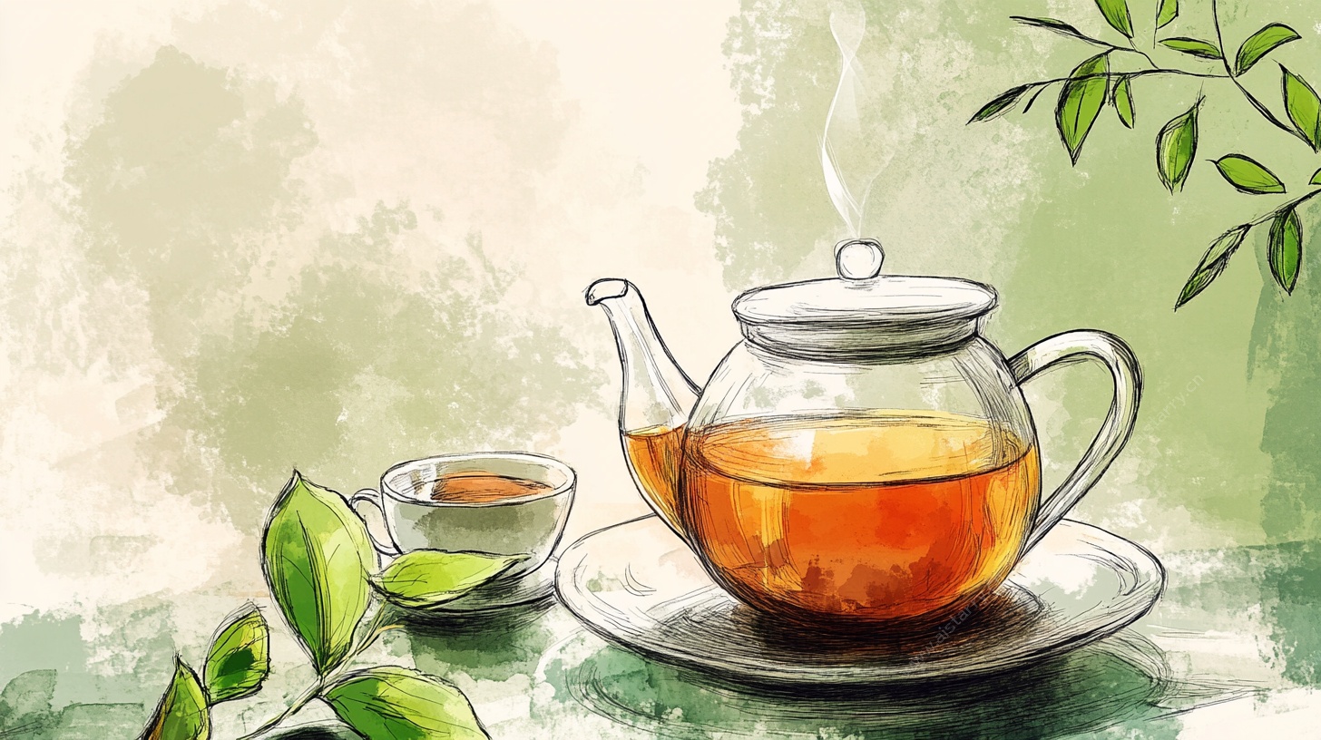 手绘茶壶茶杯清新茶饮图