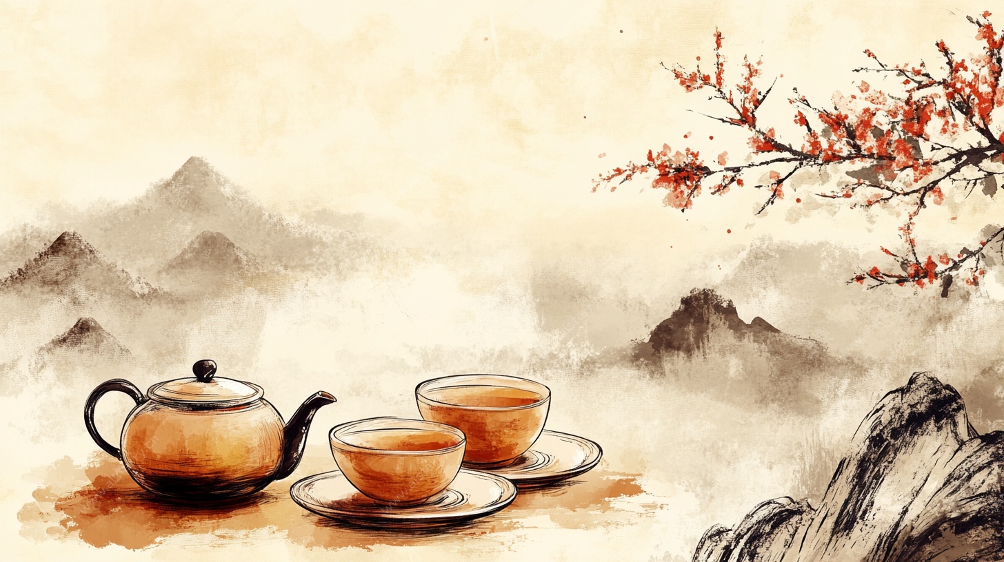 水墨茶香山水间意境图