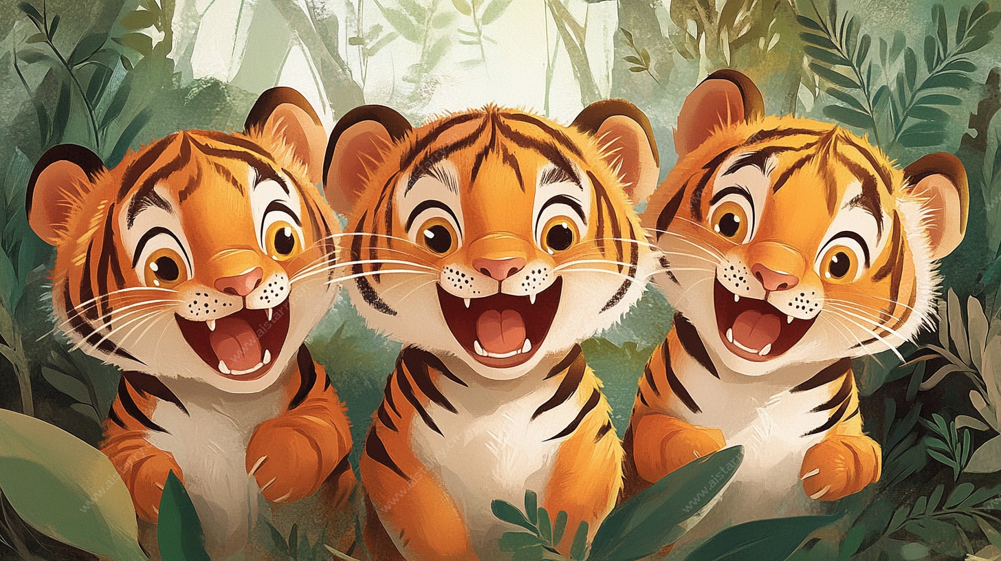 三只萌虎乐在丛林间