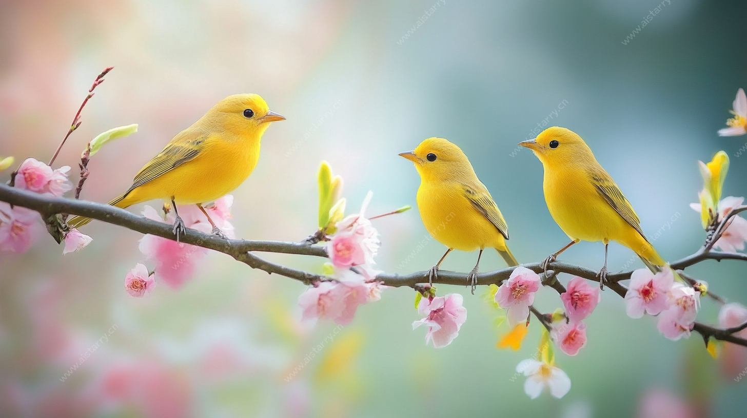 枝头黄莺伴粉花