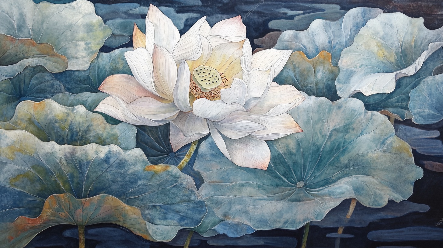 水墨风白莲花与荷叶图