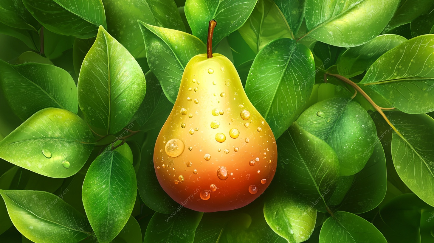 绿叶间带水珠的黄梨