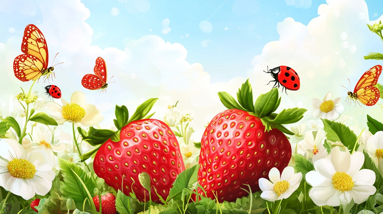 田园草莓与蝶花的梦幻场景
