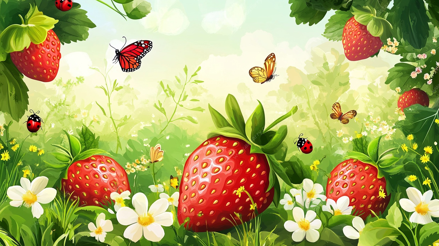 草莓园中的蝴蝶与瓢虫