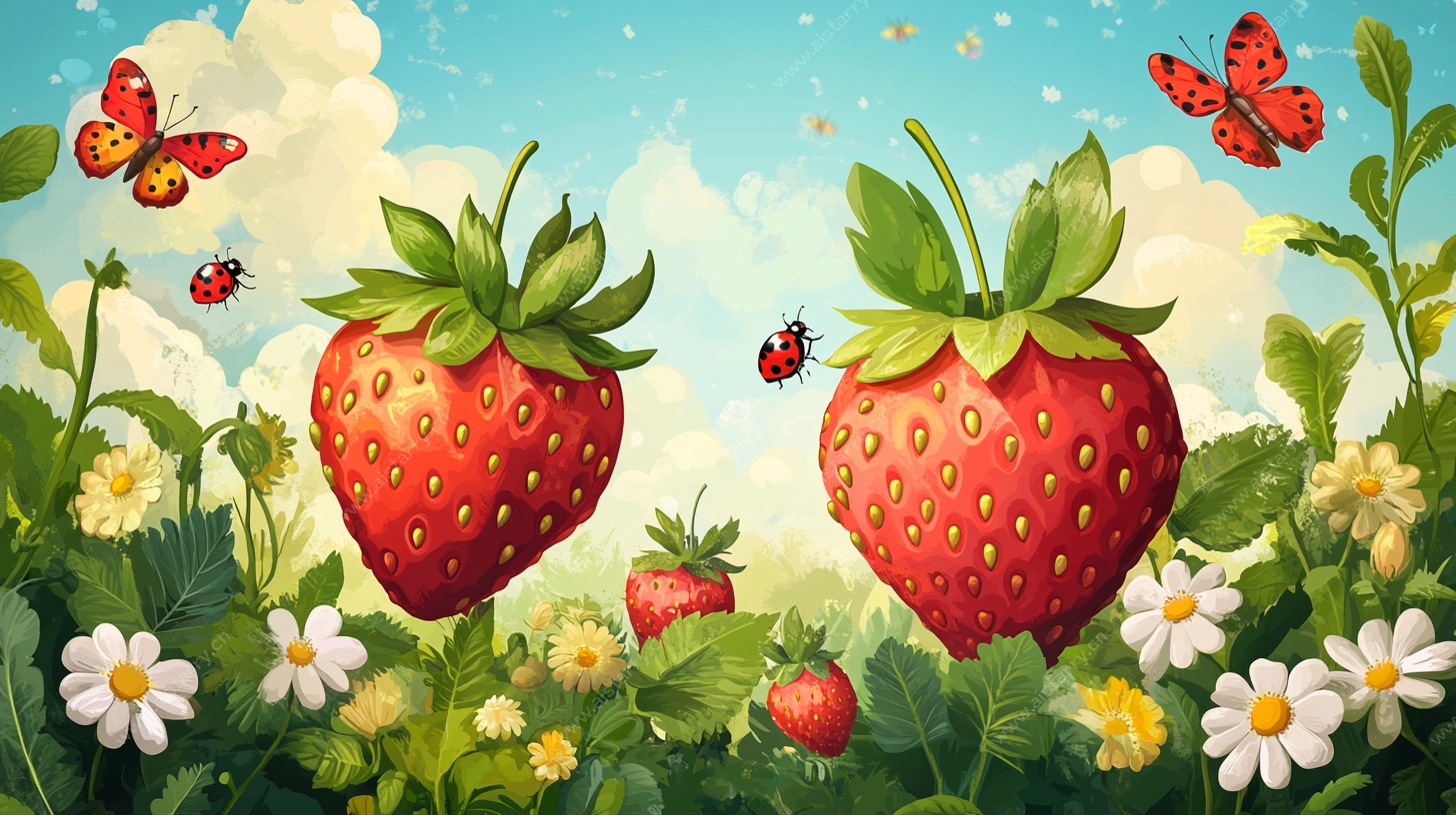 草莓田园 蝴蝶飞舞的美景