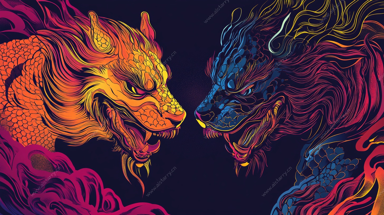 双生龙对峙插画