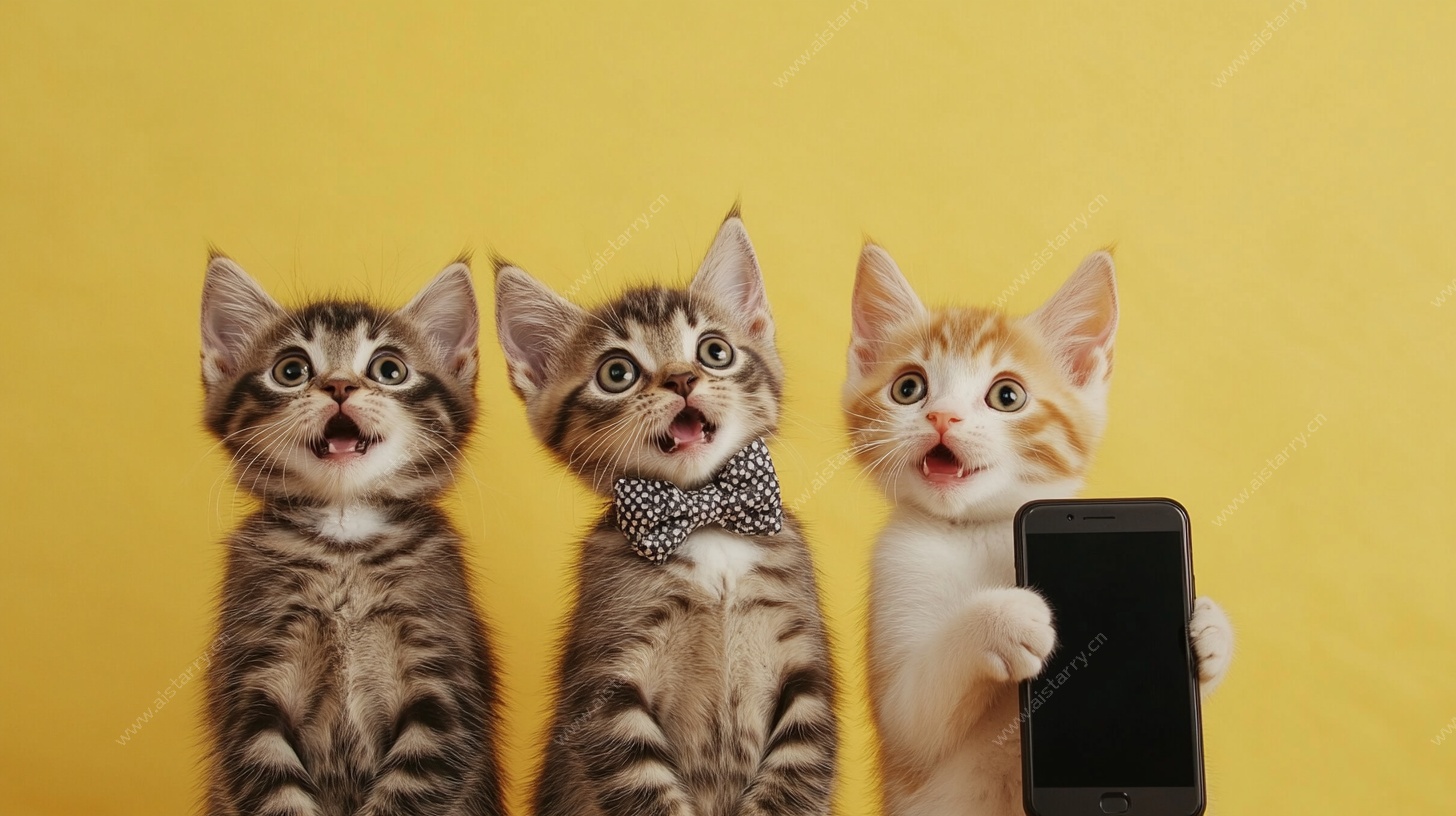 三只萌猫举手机超可爱
