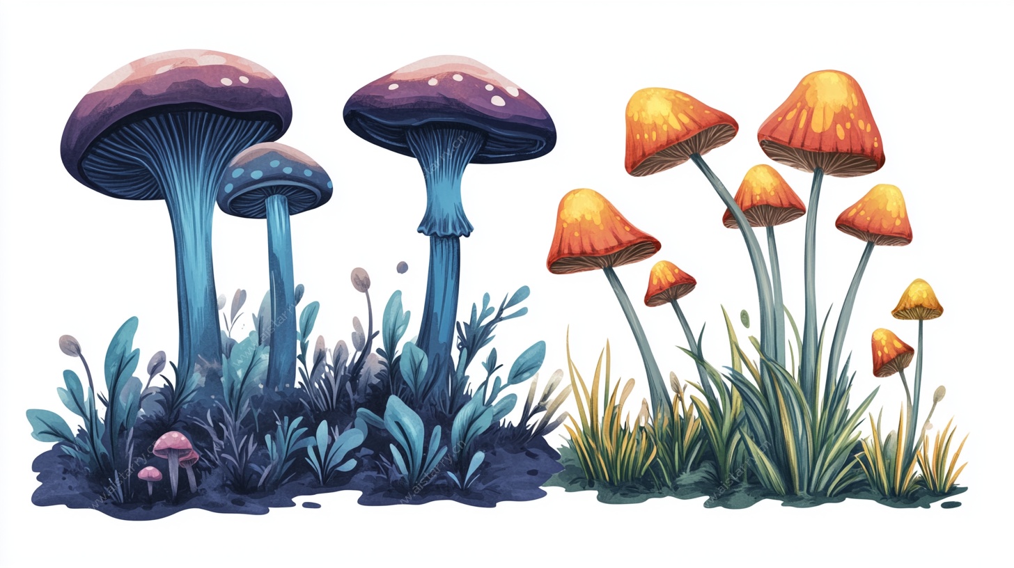 奇幻蘑菇与草丛插画