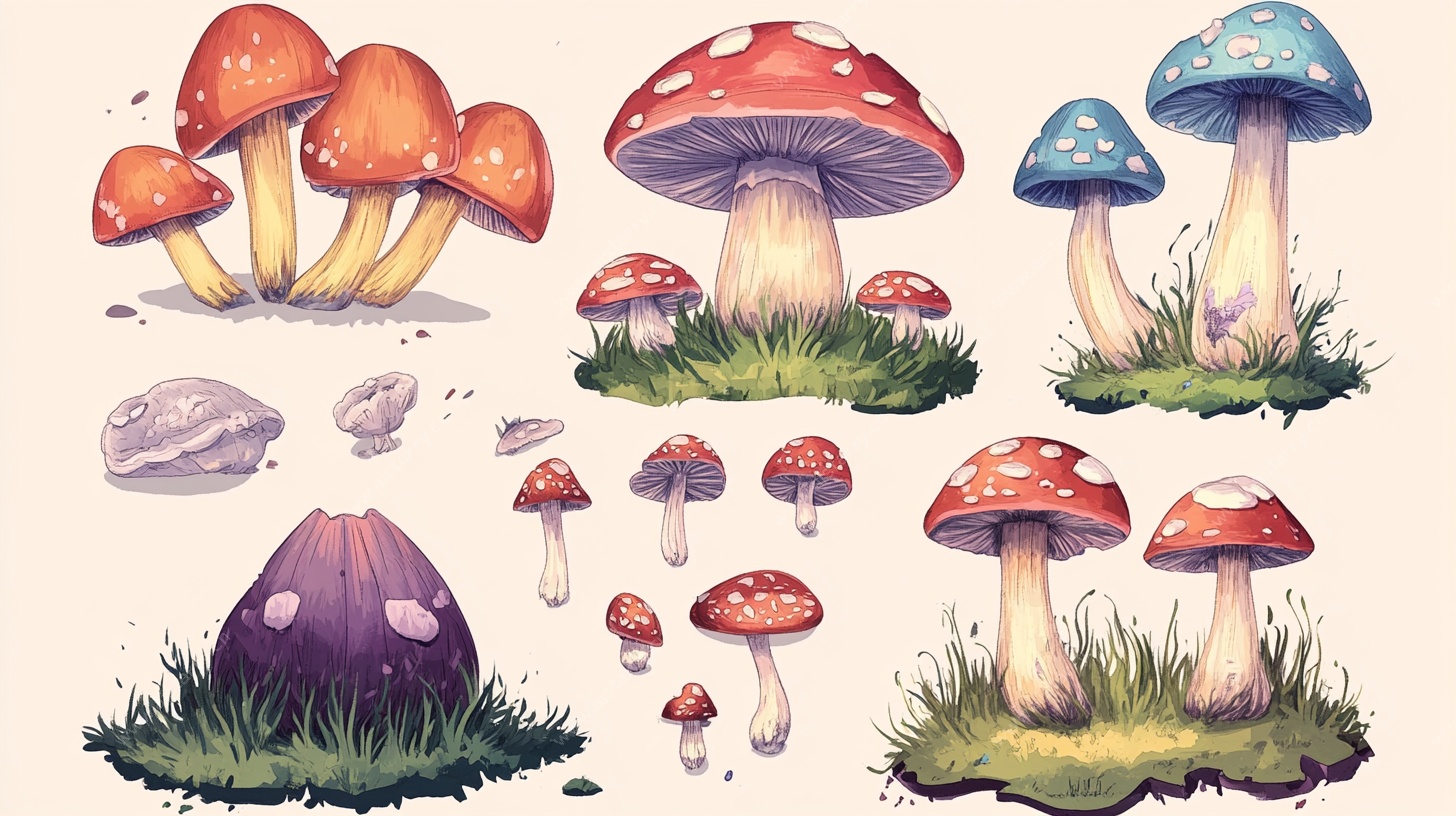 手绘多彩蘑菇插画集合
