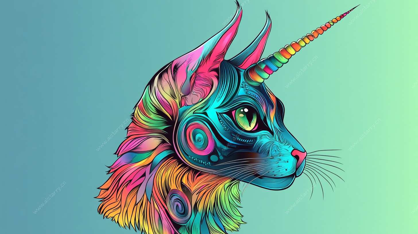彩色独角兽猫头像插画