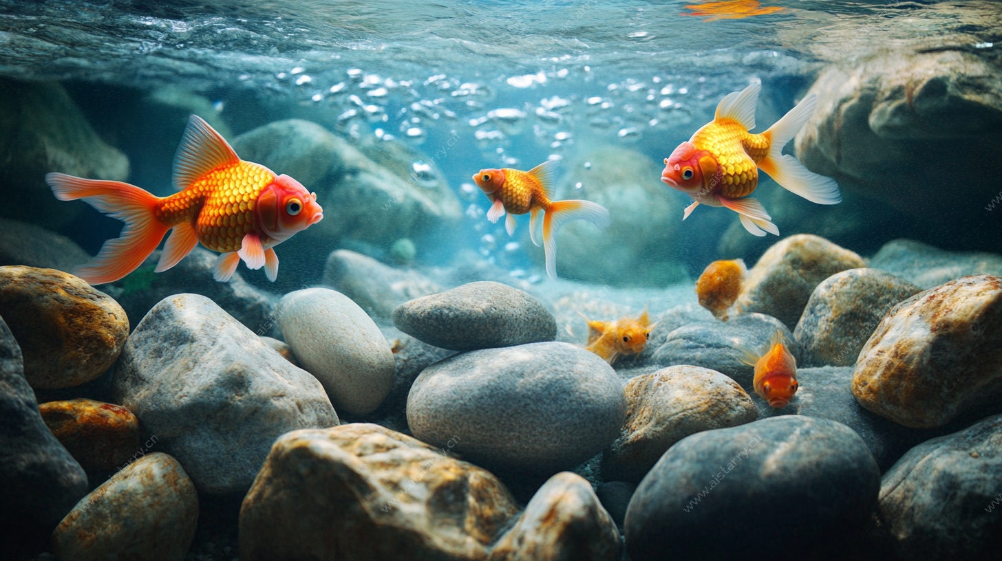 水中金鱼游弋于卵石间
