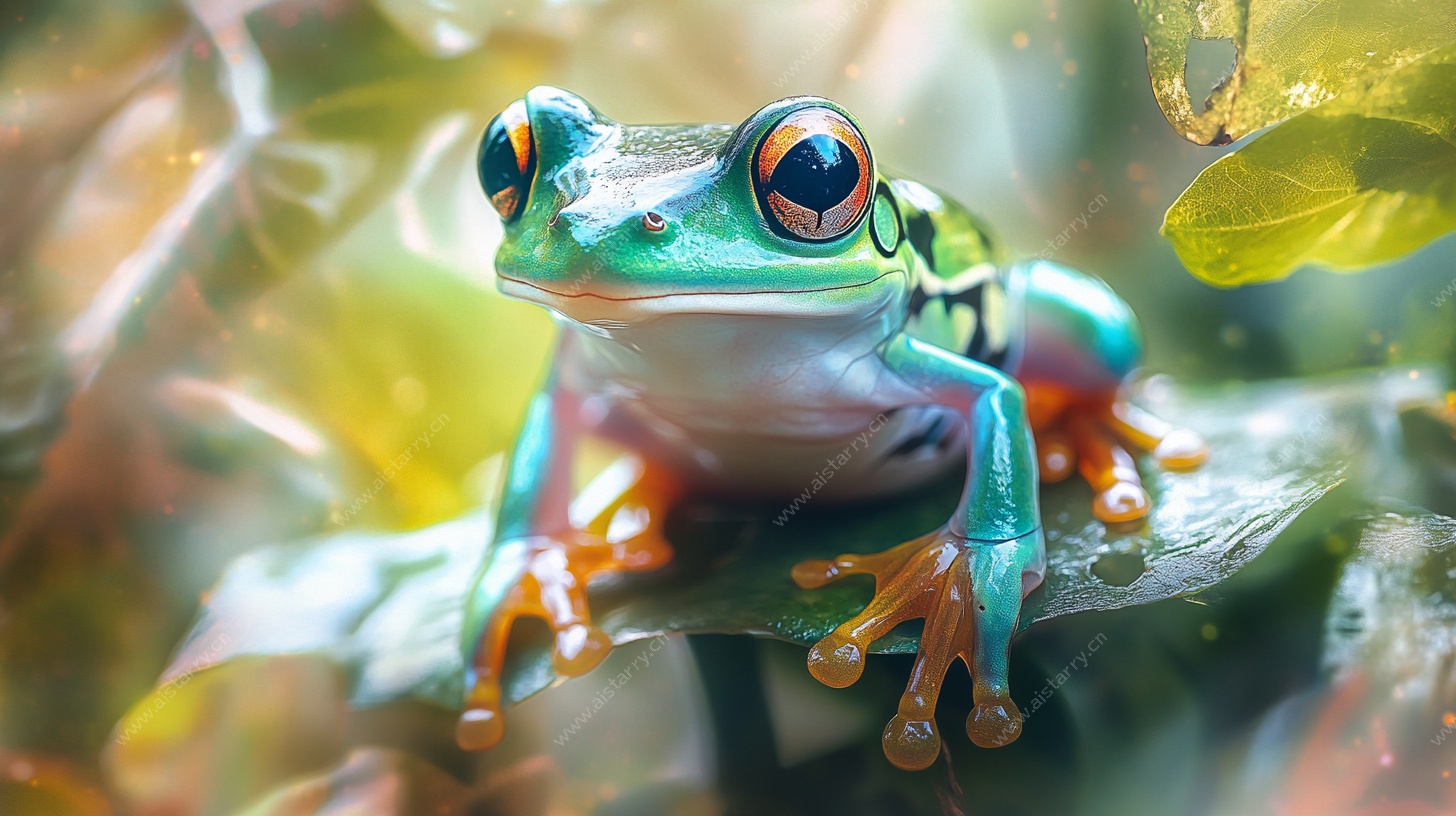 翠绿青蛙栖息绿叶间