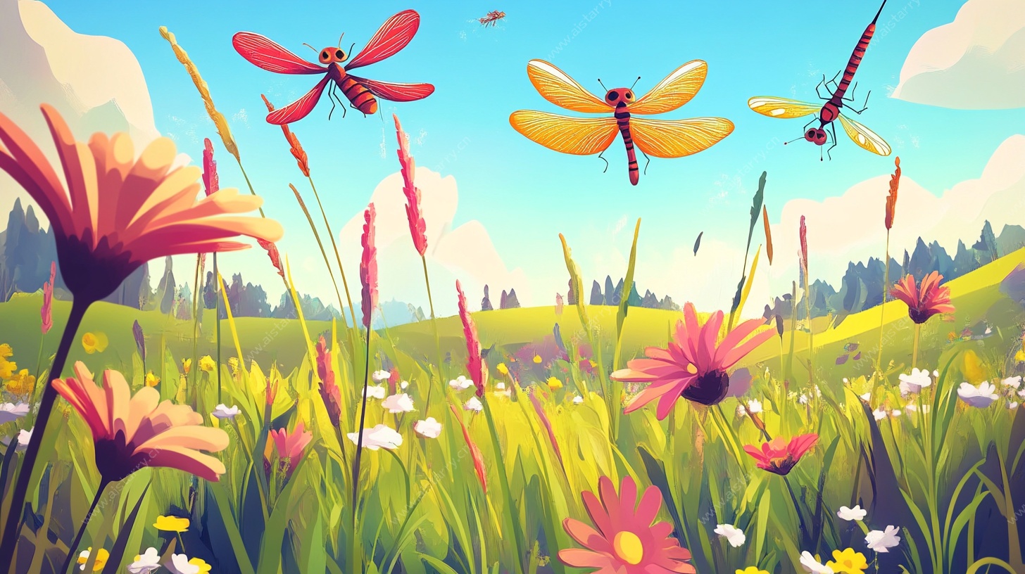 夏日花丛中飞舞的蜻蜓