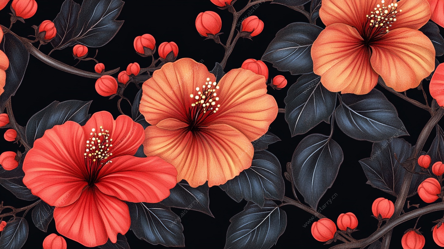 橙红扶桑花黑色背景图案