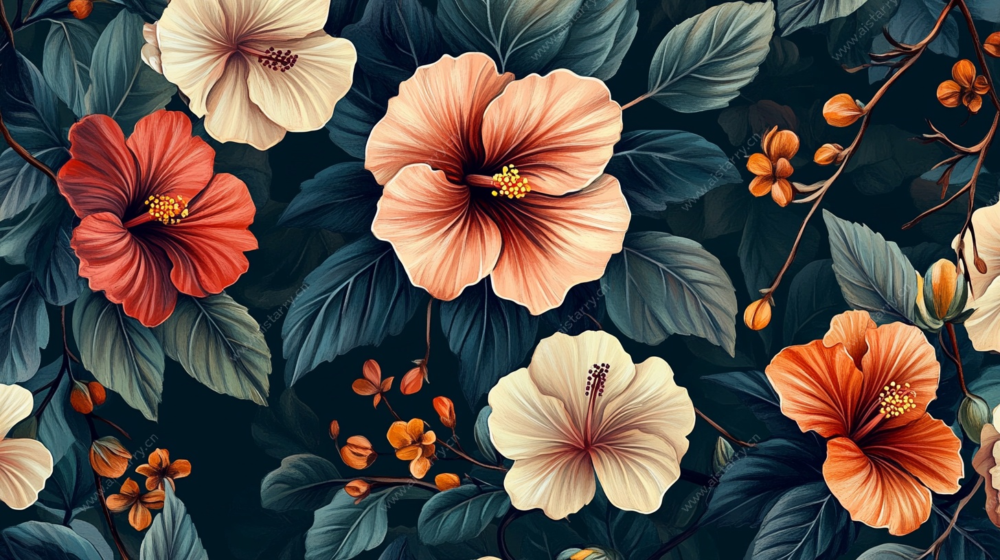 复古风扶桑花植物图案